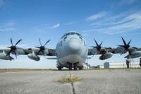 U.S. Marines inspect the wing of a KC-130J before departing from Lakefront Airport in New Orleans.