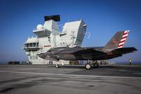 An F-35B Lightning II JoiFirst USMC F-35 to land onboard HMS Queen Elizabeth.