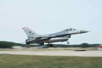 An F-16 Fighting Falcon assigned to the 115th Fighter Wing, Wisconsin Air National Guard, lands after a training mission