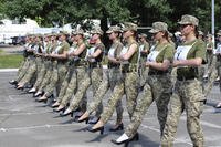 Ukrainian female soldiers wear heels during a military parade rehearsal in Kyiv, Ukraine.