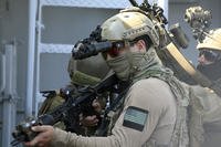 A U.S. Navy SEAL special forces operator during a joint U.S.-Cyprus military drill at Limassol port.
