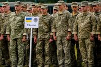 Ukrainian troops stand in formation for the opening ceremony of Rapid Trident.