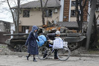 tank destroyed in an area controlled by Russian-backed separatist forces in Mariupol, Ukraine