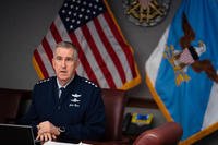 Vice Chairman of the Joint Chiefs of Staff Air Force Gen. John E. Hyten speaks to service members virtually during the Strategic Leader Series event at the Pentagon.