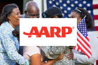 AARP logo and image of military family with American flag