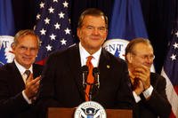 Department of Homeland Security Sec. Tom Ridge prepares to give his retirement speech during a ceremony at DHS headquarters in Washington, D.C.
