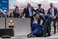 President Joe Biden falls on stage during the 2023 United States Air Force Academy Graduation Ceremony at Falcon Stadium in Colorado Springs, Colo.