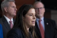 Republican conference chair Rep. Elise Stefanik, R-N.Y., speaks with reporters during a news conference