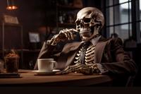 skeleton at a desk
