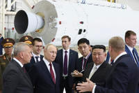 Russian President Vladimir Putin, second left in front, and North Korea's leader Kim Jong Un, second right in front, examine a rocket assembly hangar during their meeting at the Vostochny cosmodrome outside the city of Tsiolkovsky, about 200 kilometers (125 miles) from the city of Blagoveshchensk in the far eastern Amur region, Russia on Sept. 13, 2023. (Artyom Geodakyan, Sputnik, Kremlin Pool Photo via AP, File) Russian President Vladimir Putin and North Korea's leader Kim Jong Un