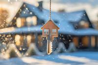 A key shaped like a house dangles in the foreground of a sparkly image of a snow-dusted, garland-wrapped house
