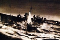Based on official reports and eyewitness accounts, this artwork by USS Borie Warrant Boatswain Hunter Wood shows the battle between the destroyer and the German submarine U-405 on Nov. 1, 1943.