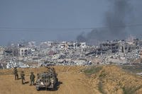 Israeli army troops are seen near the Gaza Strip border in southern Israel.