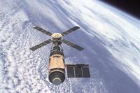 An overhead view of Skylab in Earth orbit (NASA).