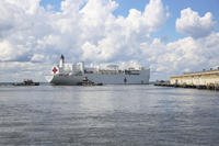 The Military Sealift Command hospital ship USNS Comfort (T-AH 20) evacuates from Naval Station Norfolk in preparation for Hurricane Florence in 2018.