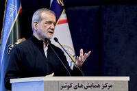 President Masoud Pezeshkian speaks to navy officials, in Tehran, Iran.