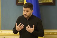 Ukrainian President Volodymyr Zelenskyy speaks during a briefing in Kyiv, Ukraine