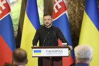 Ukrainian President Volodymyr Zelenskyy talks during a joint press conference