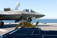 F-35B Lightning II launches from the flight deck of USS Tripoli