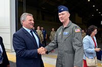 Chicopee Mayor John Vieau (left) greets Colonel Christopher Holland during the Assumption of Command Ceremony at Westover Air Reserve Base