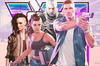 Jason and Lucia from GTA 6 next to V from Cyberpunk 2077 and Geralt from The Witcher 3 Wild Hunt composite