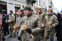 Ukrainian servicemen attend a parade.