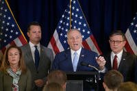 House Majority Leader Steve Scalise, R-La., second from right, is joined by from left: House Republican Conference Chairwoman Lisa McClain, R-Mich., Rep. Zachary Nunn, R-Iowa, and Speaker of the House Mike Johnson, R-La., during a news conference at the Republican National Committee on Capitol Hill, Tuesday, Dec. 2, 2025, in Washington. (AP Photo/Rod Lamkey, Jr.)
