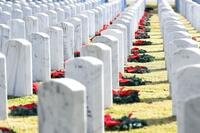 Wreaths on the grass near national cemetery headstones.