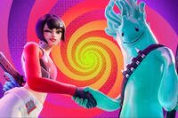fortnite characters shaking hands with swirly background