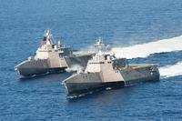 The U.S. Navy's littoral combat ships USS Independence (LCS 2), left, and USS Coronado (LCS 4) are underway April 23, 2014, in the Pacific Ocean. (Navy photo/Keith DeVinney)