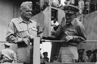 Admiral William F. Halsey and Vice Admiral John S. McCain on board USS Missouri (BB-63) shortly after the conclusion of the surrender ceremonies, 2 September 1945. (Photo: U.S. Naval History and Heritage Command)