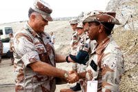 Army Gen. H. Norman Schwarzkopf greets U.S. Air Force personnel assigned to the 23rd Communications Squadron during Operation Desert Shield, Jan. 23, 1991. (Phot: Tech. Sgt. H.H. Deffner)