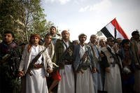 Shiite rebels, known as Houthis, gather during a protest against Saudi-led airstrikes in Sanaa, Yemen, Friday, April 10, 2015. (AP Photo/Hani Mohammed)