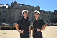 Midshipmen 1st Class Andrew Whisner, left, and Anna Wade stand in Tecumseh Court at the U.S. Naval Academy. Whisner and Wade are both prior enlisted Sailors accepted into the academy while on active duty. (U.S. Navy/David S. Tucker)