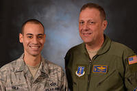 New York Air National Guard Staff Sgt. Daniel Cola, left, and Master Sgt. Henry Windels of the 105th Airlift Wing pose for a photo at Stewart Air National Guard Base, Dec. 23, 2015. (New York Air National Guard/Staff Sgt. Julio Olivencia)