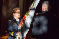 Brig. Gen. Diana Holland receives the colors from U.S. Military Academy Superintendent, Lt. Gen. Robert L. Caslen, as she assumes command of the U.S. Corps of Cadets Jan. 5. (U.S. Army/Staff Sgt. Vito T. Bryant)
