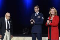 Air Force Secretary Deborah Lee James with retired Lt. Col. Richard Cole, one of the Doolittle Raiders, and Tech. Sgt. Derek White, during the Air, Space and Cyber Conference in National Harbor, Md., Sept. 19, 2016. (U.S. Air Force photo/Scott M. Ash)
