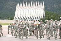 Basic cadets run on the U.S. Air Force Academy's terrazzo in Colorado Springs, Colo., July 12, 2017. (U.S. Air Force photo/Darcie Ibidapo)