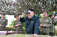 Kim Jong Un looks through a pair of binoculars during an inspection of the Hwa Islet Defense Detachment in this undated photo released by North Korea's Korean Central News Agency (KCNA) on July 1, 2014.