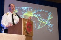 Chief of Naval Operations (CNO) Adm. John Richardson discusses his strategic guidance, 'A Design for Maintaining Maritime Superiority,' during a conference hosted by the American Society of Naval Engineers (ASNE). (U.S. Navy/MC1 Elliott Fabrizio)
