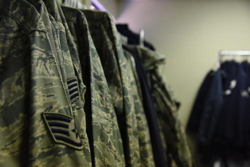 Airmen Battle Uniforms hang on a rack for Airmen to take at the Airmen’s Attic, Feb. 8, 2018, at Altus Air Force Base, Okla. (U.S. Air Force/Airman 1st Class James Johnson)