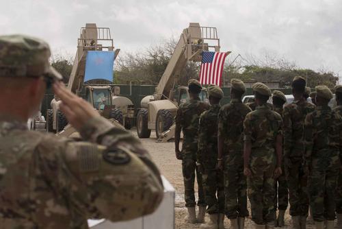 Somali national army soldiers in formation during a logistics course graduation ceremony.