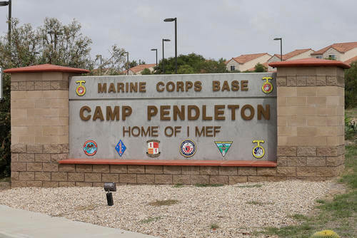 The entrance to Marine Corps Base Camp Pendleton is seen in Oceanside, California. 
