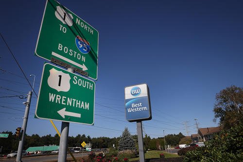 A Best Western sign is shown in Sharon, Mass. 