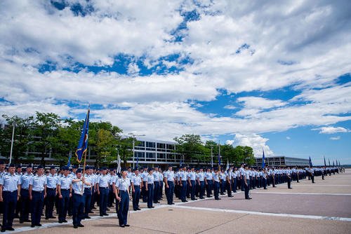 U.S. Air Force Academy cadets form ranks and prepare to march towards Mitchell Hall