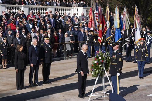 President Joe Biden  lays a wreath at the Tomb of the Unknown Soldier