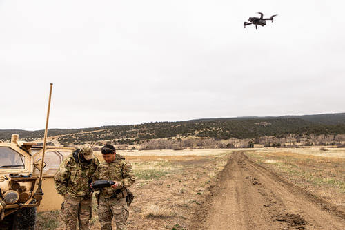 Soldiers from 10th Special Forces Group (Airborne) fly a drone for aerial surveillance at Fort Carson, Colorado.