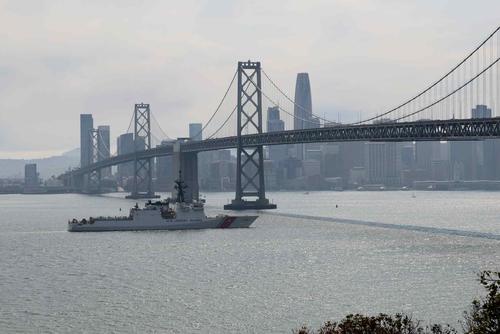 Coast Guard Cutter Waesche approaches the San Francisco Bay Bridge