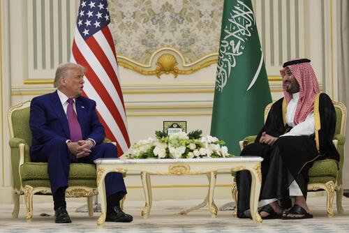 President Donald Trump and Saudi Crown Prince Mohammed bin Salman speak during a meeting at the Royal Palace in Riyadh, Saudi Arabia, Tuesday, May 13, 2025. (AP Photo/Alex Brandon)