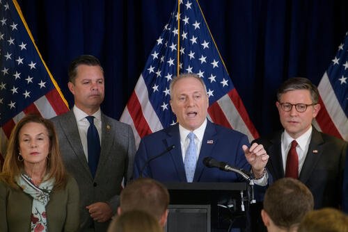 House Majority Leader Steve Scalise, R-La., second from right, is joined by from left: House Republican Conference Chairwoman Lisa McClain, R-Mich., Rep. Zachary Nunn, R-Iowa, and Speaker of the House Mike Johnson, R-La., during a news conference at the Republican National Committee on Capitol Hill, Tuesday, Dec. 2, 2025, in Washington. (AP Photo/Rod Lamkey, Jr.)